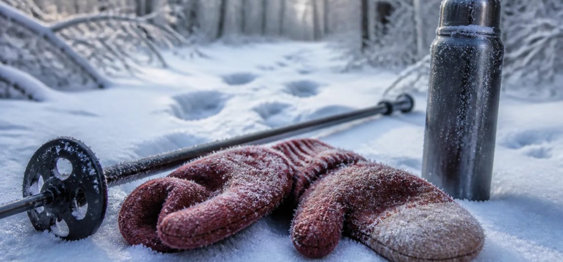 Покрытые инеем варежки, термос и лыжная палка лежат на заснеженной лесной тропе в морозный день.