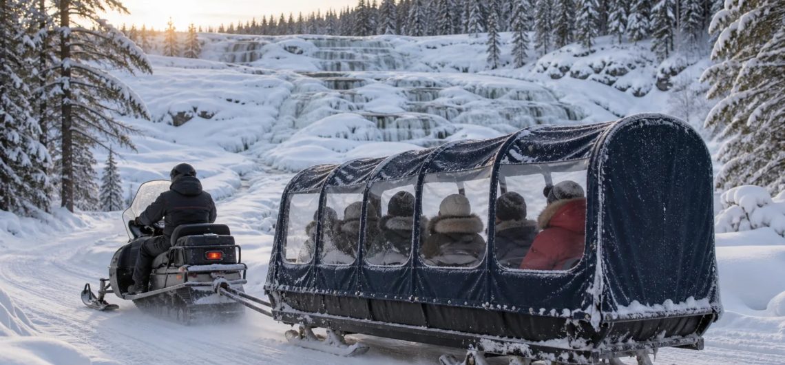 Снегоход с прицепленными пассажирскими санями едет по заснеженному лесу на фоне замерзшего водопада Киваккакоски.